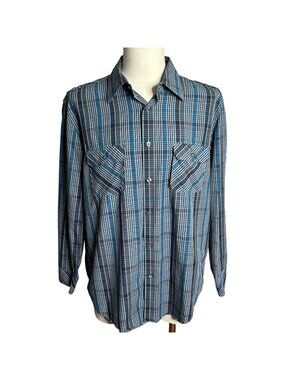 Alfani Button Up Long Sleeve Shirt L Blue Gray Plaid Pockets Cotton Blend